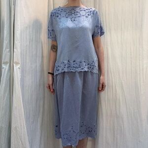 Periwinkle Blue Silk Top and Skirt Set with Floral Cutouts and floral design 80s